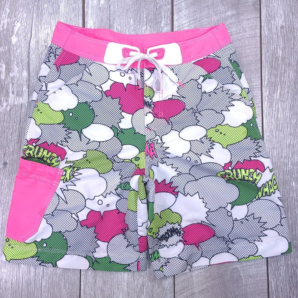 Puma Board Shorts Mens Medium White Pink Pop Art Comic Print Swim Surf Trunks